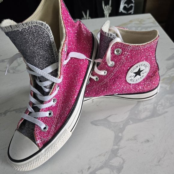 Converse Shoes - Converse High Top Sneakers - Pink Glitter with Silver Glitter Tongue. Womens 8
